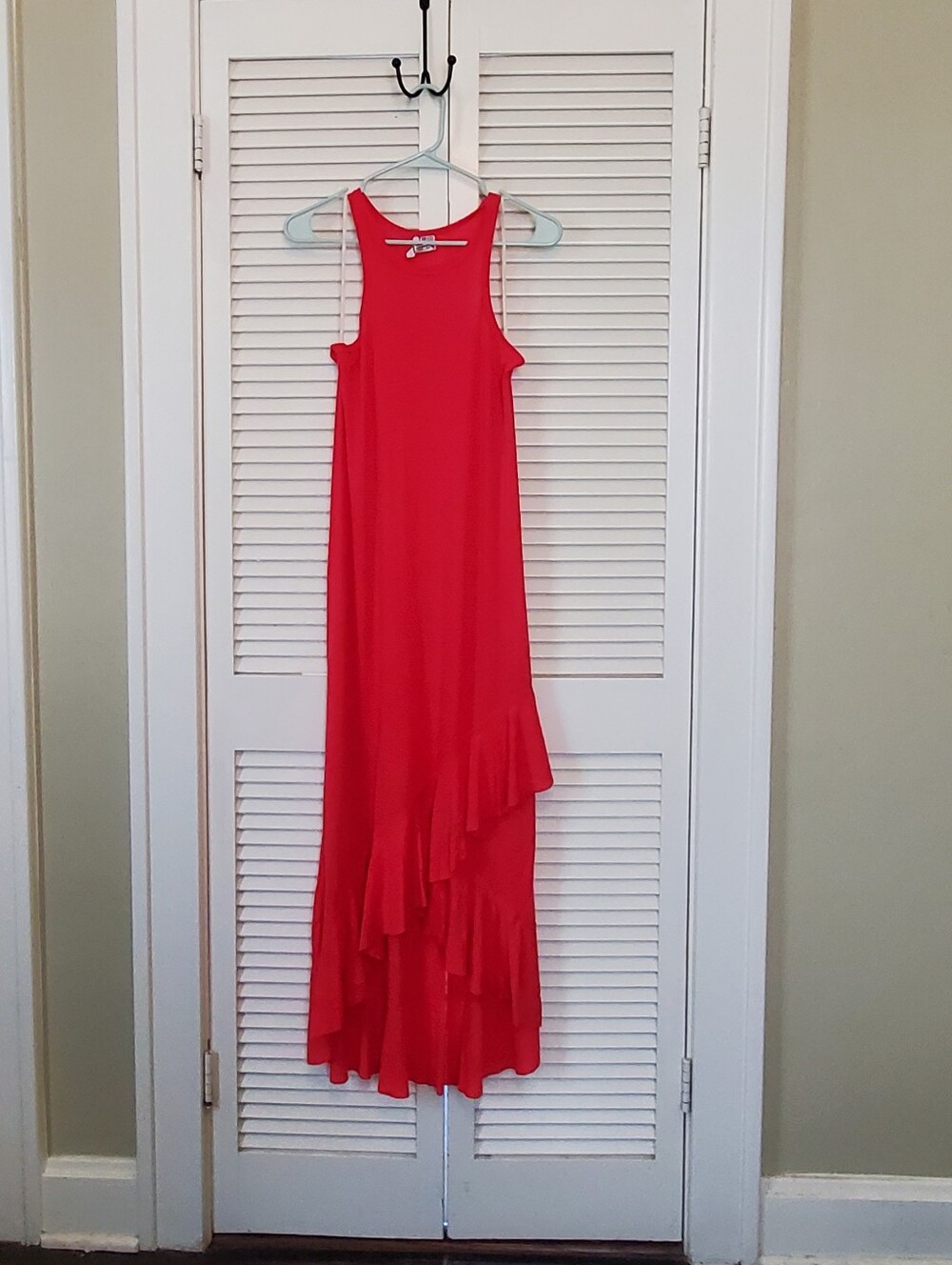 Free People Coral-Red Asymmetric Ruffle Maxi Dress